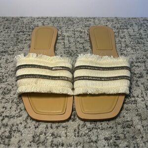 Zara White Fringe Square Toe Slide Sandals Size 7.5